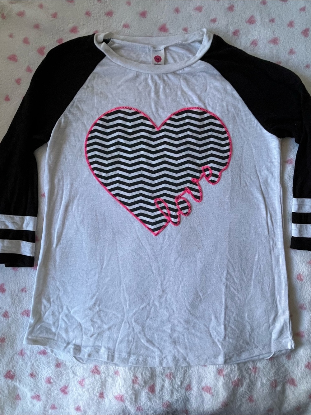 total girl - Black, Pink & White Raglan Tee with Neon Pink Chevron Heart